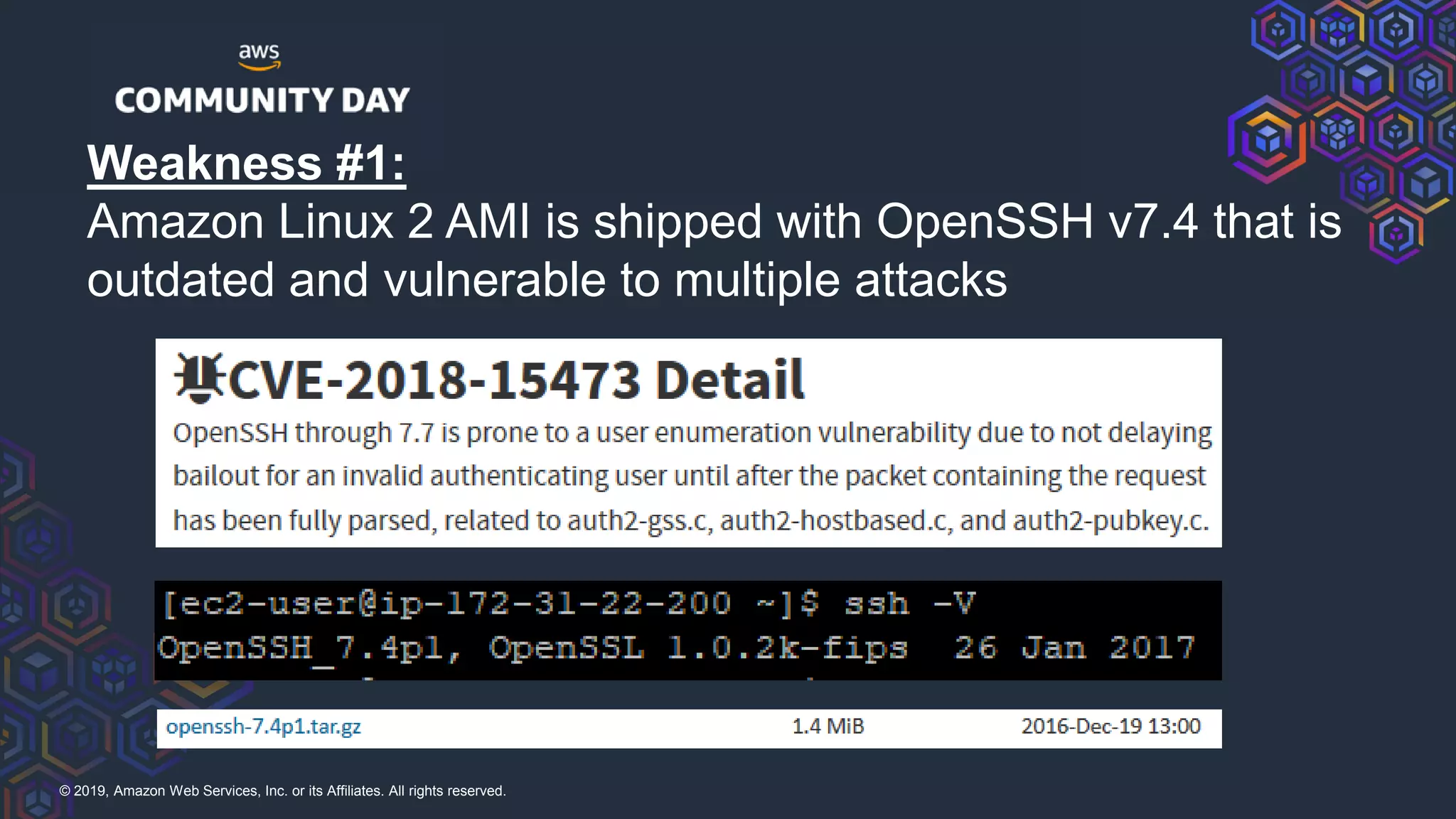 © 2019, Amazon Web Services, Inc. or its Affiliates. All rights reserved.
Weakness #1:
Amazon Linux 2 AMI is shipped with OpenSSH v7.4 that is
outdated and vulnerable to multiple attacks
 