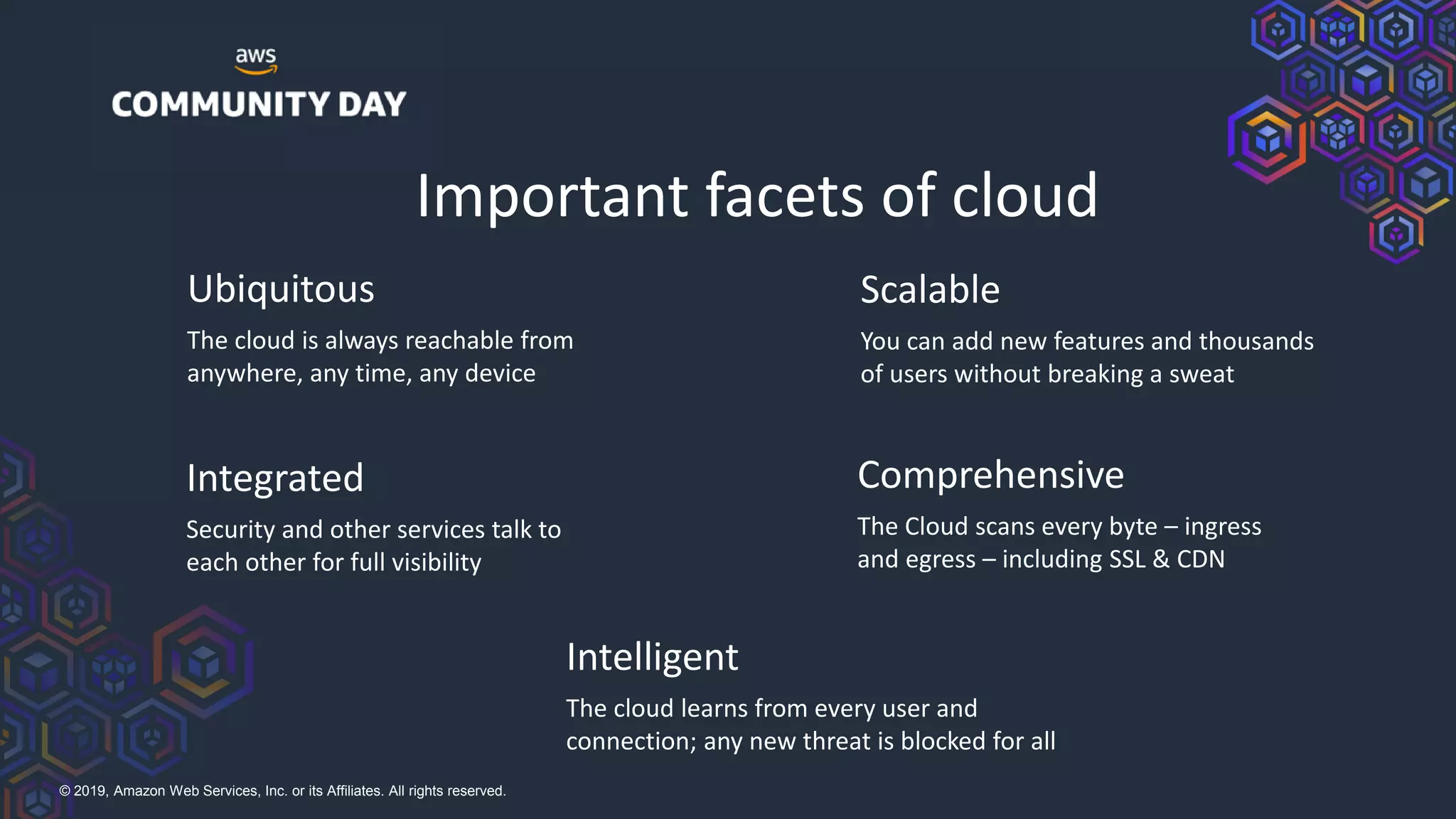 © 2019, Amazon Web Services, Inc. or its Affiliates. All rights reserved.
Ubiquitous
The cloud is always reachable from
anywhere, any time, any device
Scalable
You can add new features and thousands
of users without breaking a sweat
Integrated
Security and other services talk to
each other for full visibility
Comprehensive
The Cloud scans every byte – ingress
and egress – including SSL & CDN
Intelligent
The cloud learns from every user and
connection; any new threat is blocked for all
Important facets of cloud
 