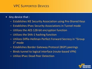 VPC S UPPORTED D EVICES

• Any device that :
   – Establishes IKE Security Association using Pre-Shared Keys
   – Establishes IPsec Security Associations in Tunnel mode
   – Utilizes the AES 128-bit encryption function
   – Utilizes the SHA-1 hashing function
   – Utilizes Diffie-Hellman Perfect Forward Secrecy in “Group
     2” mode
   – Establishes Border Gateway Protocol (BGP) peerings
   – Binds tunnel to logical interface (route-based VPN)
   – Utilize IPsec Dead Peer Detection
 