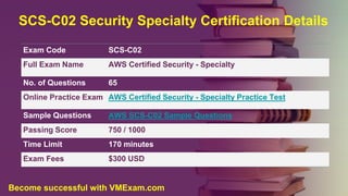 SCS-C02 Security Specialty Certification Details
Exam Code SCS-C02
Full Exam Name AWS Certified Security - Specialty
No. of Questions 65
Online Practice Exam AWS Certified Security - Specialty Practice Test
Sample Questions AWS SCS-C02 Sample Questions
Passing Score 750 / 1000
Time Limit 170 minutes
Exam Fees $300 USD
Become successful with VMExam.com
 