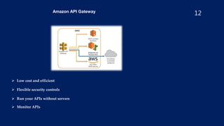 12
Amazon API Gateway
 Low cost and efficient
 Flexible security controls
 Run your APIs without servers
 Monitor APIs
 