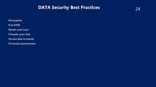 24
DATA Security Best Practices
•Encryption
•Use KMS
•Rotate your keys
•Classify your data
•Secure data in transit
•S3 bucket permissions
 