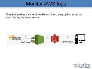 Monitor AWS logs
Cloudtrail pushes data to s3 bucket and then using python script we
store that log on ossec server
 