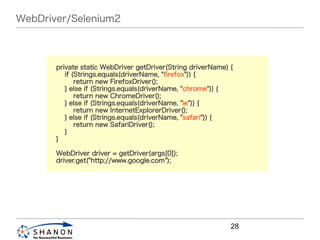 WebDriver/Selenium2



      　private static WebDriver getDriver(String driverName) {
      　 if (Strings.equals(driverNam...