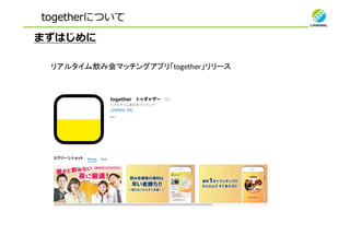 togetherについて
まずはじめに
リアルタイム飲み会マッチングアプリ「together」リリース
 