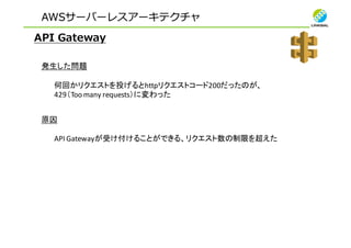 AWSサーバーレスアーキテクチャ
API Gateway
発生した問題
何回かリクエストを投げるとhttpリクエストコード200だったのが、
429（Too	many	requests）に変わった
原因
API	Gatewayが受け付けることができる、リクエスト数の制限を超えた
 