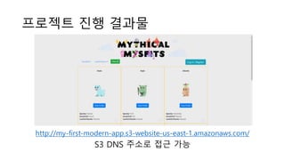 프로젝트 진행 결과물
http://my-first-modern-app.s3-website-us-east-1.amazonaws.com/
S3 DNS 주소로 접근 가능
 