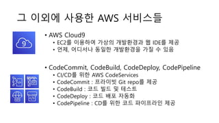 그 이외에 사용한 AWS 서비스들
• AWS Cloud9
• EC2를 이용하여 가상의 개발환경과 웹 IDE를 제공
• 언제, 어디서나 동일한 개발환경을 가질 수 있음
• CodeCommit, CodeBuild, CodeDeploy, CodePipeline
• CI/CD를 위한 AWS CodeServices
• CodeCommit : 프라이빗 Git repo를 제공
• CodeBuild : 코드 빌드 및 테스트
• CodeDeploy : 코드 배포 자동화
• CodePipeline : CD를 위한 코드 파이프라인 제공
 