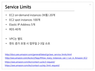 Service Limits
• EC2 on-demand instances (보통) 20개
• EC2 spot instances 100개
• Elastic IP Address 5개
• RDS 40개
• VPC는 별도
• 한도 증가 요청 시 업무일 2-3일 소요
11
http://docs.aws.amazon.com/general/latest/gr/aws_service_limits.html
http://aws.amazon.com/ko/ec2/faqs/#How_many_instances_can_I_run_in_Amazon_EC2
https://aws.amazon.com/ko/contact-us/ec2-request/
https://aws.amazon.com/ko/contact-us/eip_limit_request/
 