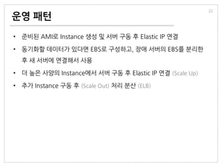 운영 패턴
• 준비된 AMI로 Instance 생성 및 서버 구동 후 Elastic IP 연결
• 동기화할 데이터가 있다면 EBS로 구성하고, 장애 서버의 EBS를 분리한
후 새 서버에 연결해서 사용
• 더 높은 사양의 Instance에서 서버 구동 후 Elastic IP 연결 (Scale Up)
• 추가 Instance 구동 후 (Scale Out) 처리 분산 (ELB)
22
 