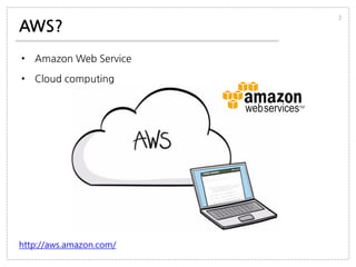 AWS?
• Amazon Web Service
• Cloud computing
3
http://aws.amazon.com/
 