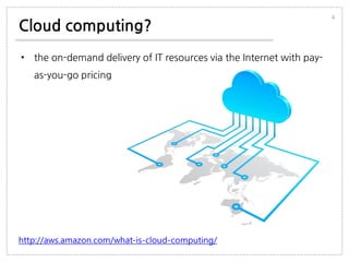 Cloud computing?
• the on-demand delivery of IT resources via the Internet with pay-
as-you-go pricing
4
http://aws.amazon.com/what-is-cloud-computing/
 