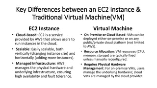 Key Differences between an EC2 instance &
Traditional Virtual Machine(VM)
EC2 Instance
• Cloud-Based: EC2 is a service
provided by AWS that allows users to
run instances in the cloud.
• Scalable: Easily scalable, both
vertically (changing instance size) and
horizontally (adding more instances).
• Managed Infrastructure: AWS
manages the physical hardware and
underlying infrastructure, ensuring
high availability and fault tolerance.
Virtual Machine
• On-Premise or Cloud-Based: VMs can be
deployed either on-premise or on any
public/private cloud platform (not limited
to AWS).
• Resource Allocation: VM resources (CPU,
memory, storage) are typically fixed
unless manually reconfigured.
• Requires Physical Hardware
Management: For on-premise VMs, users
manage the underlying hardware; cloud
VMs are managed by the cloud provider.
 