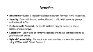 Benefits
• Isolation: Provides a logically isolated network for your AWS resources.
• Security: Control inbound and outbound traffic with security groups
and network ACLs.
• Customizable Network: Define IP address ranges, subnets, route
tables, and gateways.
• Scalability: Easily add or remove subnets and route configurations as
your network grows.
• Hybrid Connectivity: Connect your on-premises data center securely
using VPN or AWS Direct Connect.
 