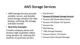AWS Storage Services
• AWS Storage Services provide
scalable, secure, and durable
cloud storage solutions for data
backup, archiving, file storage,
and data transfer.
• Real-time Example:
A media company stores and
streams high-resolution videos
using Amazon S3, reducing the
need for on-premises servers.
• Key Services:
Amazon S3 (Simple Storage Service)
Amazon EBS (Elastic Block Store)
Amazon EFS (Elastic File System)
Amazon FSx
AWS Backup
 AWS Storage Gateway
Amazon Glacier / S3 Glacier
Amazon Data Lifecycle Manager
 