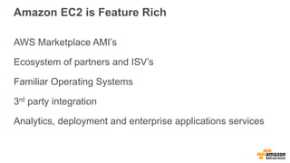 Amazon EC2 is Feature Rich
AWS Marketplace AMI’s
Ecosystem of partners and ISV’s
Familiar Operating Systems
3rd party integration
Analytics, deployment and enterprise applications services
 