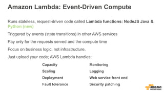 Amazon Lambda: Event-Driven Compute
Runs stateless, request-driven code called Lambda functions: NodeJS Java &
Python (new)
Triggered by events (state transitions) in other AWS services
Pay only for the requests served and the compute time
Focus on business logic, not infrastructure.
Just upload your code; AWS Lambda handles:
Capacity
Scaling
Deployment
Fault tolerance
Monitoring
Logging
Web service front end
Security patching
 