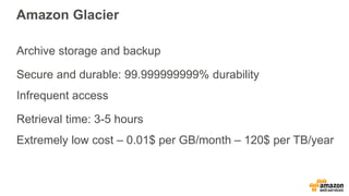 Amazon Glacier
Archive storage and backup
Secure and durable: 99.999999999% durability
Infrequent access
Retrieval time: 3-5 hours
Extremely low cost – 0.01$ per GB/month – 120$ per TB/year
 