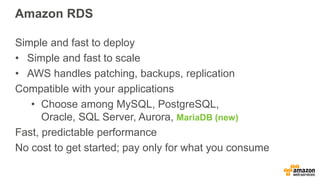Amazon RDS
Simple and fast to deploy
• Simple and fast to scale
• AWS handles patching, backups, replication
Compatible with your applications
• Choose among MySQL, PostgreSQL,
Oracle, SQL Server, Aurora, MariaDB (new)
Fast, predictable performance
No cost to get started; pay only for what you consume
 
