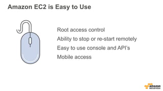 Amazon EC2 is Easy to Use
Root access control
Ability to stop or re-start remotely
Easy to use console and API’s
Mobile access
 