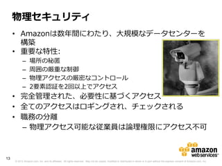 物理セキュリティ
     • Amazonは数年間にわたり、大規模なデータセンターを
       構築
     • 重要な特性:
           –      場所の秘匿
           –      周囲の厳重な制御
           –      物理アクセスの厳密なコントロール
           –      2要素認証を2回以上でアクセス
     • 完全管理された、必要性に基づくアクセス
     • 全てのアクセスはロギングされ、チェックされる
     • 職務の分離
       – 物理アクセス可能な従業員は論理権限にアクセス不可



13
     © 2012 Amazon.com, Inc. and its affiliates. All rights reserved. May not be copied, modified or distributed in whole or in part without the express consent of Amazon.com, Inc.
 