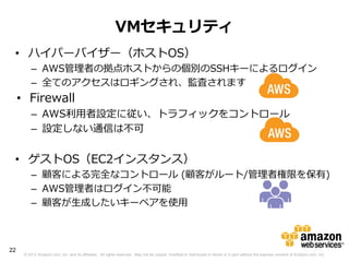 VMセキュリティ
 • ハイパーバイザー（ホストOS）
          – AWS管理者の拠点ホストからの個別のSSHキーによるログイン
          – 全てのアクセスはロギングされ、監査されます
     • Firewall
          – AWS利用者設定に従い、トラフィックをコントロール
          – 設定しない通信は不可


 • ゲストOS（EC2インスタンス）
          – 顧客による完全なコントロール (顧客がルート/管理者権限を保有)
          – AWS管理者はログイン不可能
          – 顧客が生成したいキーペアを使用



22
      © 2012 Amazon.com, Inc. and its affiliates. All rights reserved. May not be copied, modified or distributed in whole or in part without the express consent of Amazon.com, Inc.
 