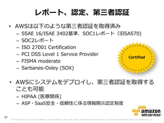 レポート、認定、第三者認証
     • AWSは以下のような第三者認証を取得済み
           –     SSAE 16/ISAE 3402基準、SOC1レポート（旧SAS70)
           –     SOC2レポート
           –     ISO 27001 Certification
           –     PCI DSS Level 1 Service Provider
                                                  Certified
           –     FISMA moderate
           –     Sarbanes-Oxley (SOX)


     • AWSにシステムをデプロイし、第三者認証を取得する
       ことも可能
           – HIPAA (医療関係)
           – ASP・SaaS安全・信頼性に係る情報開示認定制度

27
     © 2012 Amazon.com, Inc. and its affiliates. All rights reserved. May not be copied, modified or distributed in whole or in part without the express consent of Amazon.com, Inc.
 