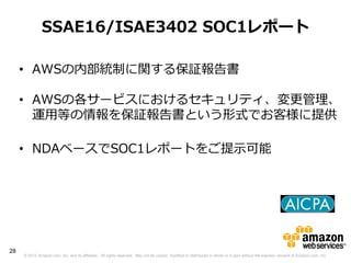 SSAE16/ISAE3402 SOC1レポート

     • AWSの内部統制に関する保証報告書

     • AWSの各サービスにおけるセキュリティ、変更管理、
       運用等の情報を保証報告書という形式でお客様に提供

     • NDAベースでSOC1レポートをご提示可能




28
     © 2012 Amazon.com, Inc. and its affiliates. All rights reserved. May not be copied, modified or distributed in whole or in part without the express consent of Amazon.com, Inc.
 