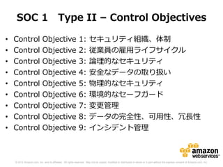 SOC 1 Type II – Control Objectives

•   Control                 Objective                        1:        セキュリティ組織、体制
•   Control                 Objective                        2:        従業員の雇用ライフサイクル
•   Control                 Objective                        3:        論理的なセキュリティ
•   Control                 Objective                        4:        安全なデータの取り扱い
•   Control                 Objective                        5:        物理的なセキュリティ
•   Control                 Objective                        6:        環境的なセーフガード
•   Control                 Objective                        7:        変更管理
•   Control                 Objective                        8:        データの完全性、可用性、冗長性
•   Control                 Objective                        9:        インシデント管理



    © 2012 Amazon.com, Inc. and its affiliates. All rights reserved. May not be copied, modified or distributed in whole or in part without the express consent of Amazon.com, Inc.
 