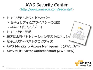 AWS Security Center
                                 (http://aws.amazon.com/security/)

• セキュリティホワイトペーパー
  • セキュリティとプライバシーの回答
  • 半年に1度アップデート
• セキュリティ速報
• 顧客によるペネトレーションテストのポリシ
• セキュリティベストプラクティス
• AWS Identity & Access Management (AWS IAM)
• AWS Multi-Factor Authentication (AWS MFA)



34
     © 2012 Amazon.com, Inc. and its affiliates. All rights reserved. May not be copied, modified or distributed in whole or in part without the express consent of Amazon.com, Inc.
 