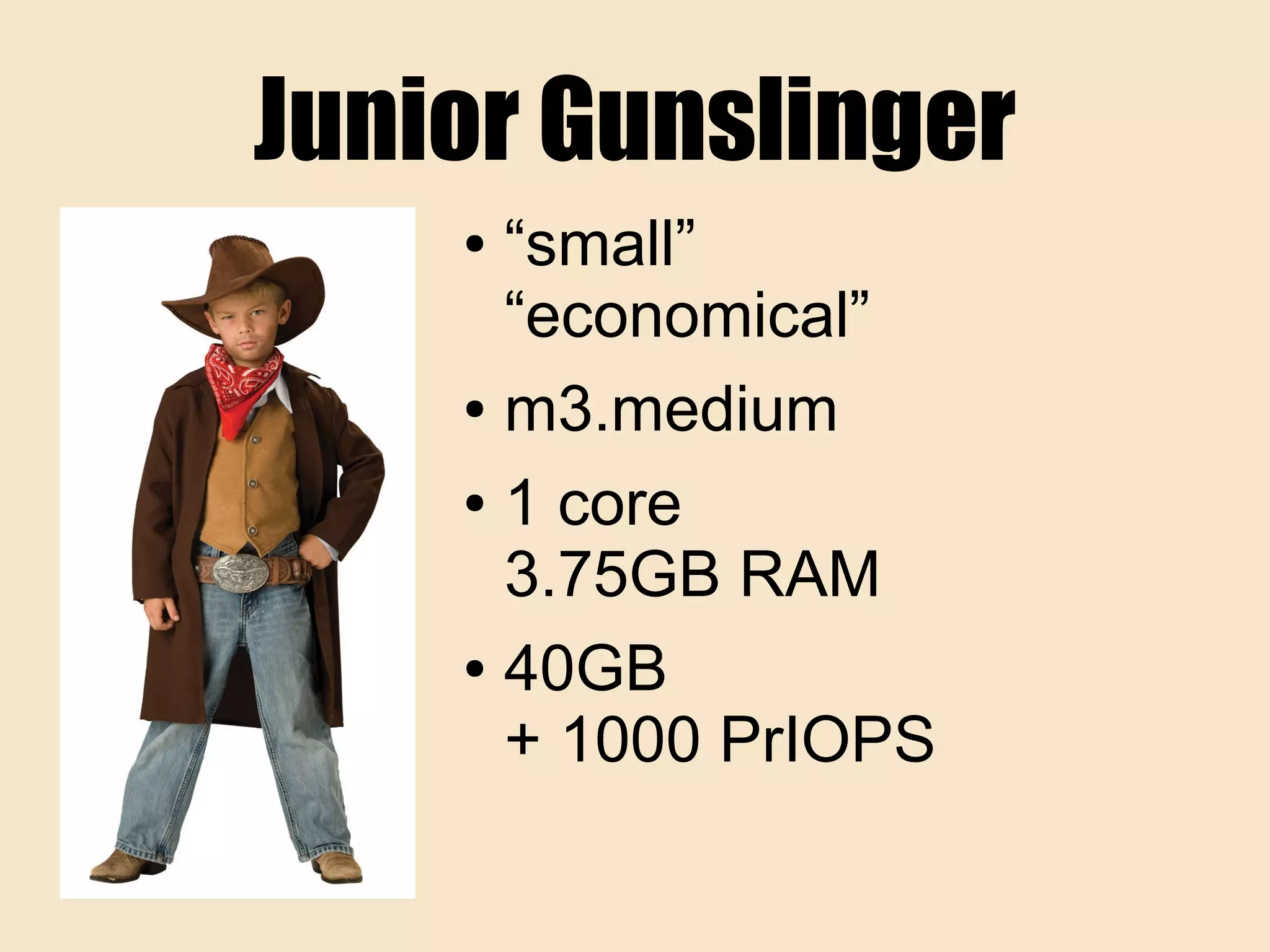 Junior Gunslinger
● “small”
“economical”
● m3.medium
● 1 core
3.75GB RAM
● 40GB
+ 1000 PrIOPS
 