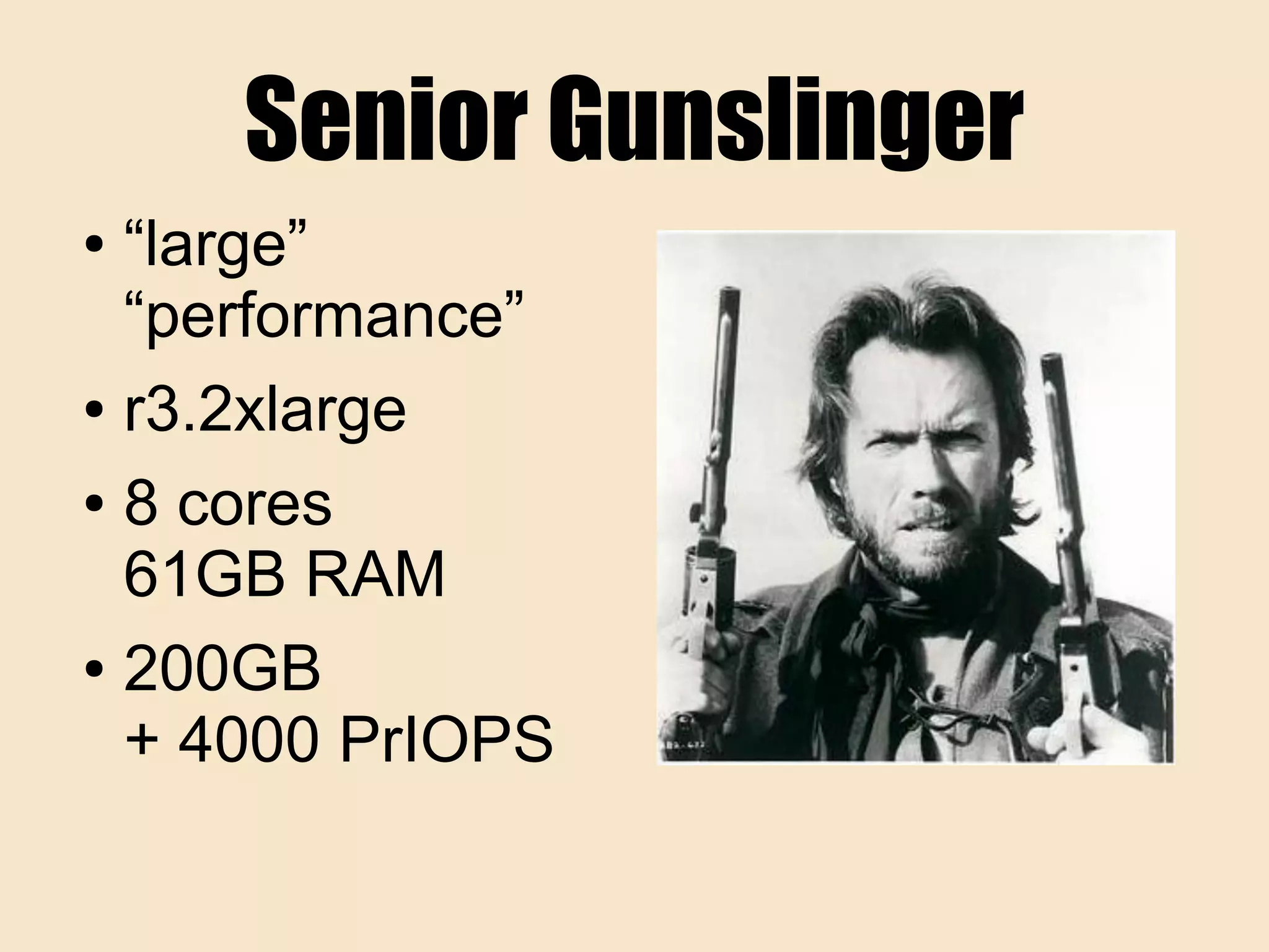 Senior Gunslinger
● “large”
“performance”
● r3.2xlarge
● 8 cores
61GB RAM
● 200GB
+ 4000 PrIOPS
 