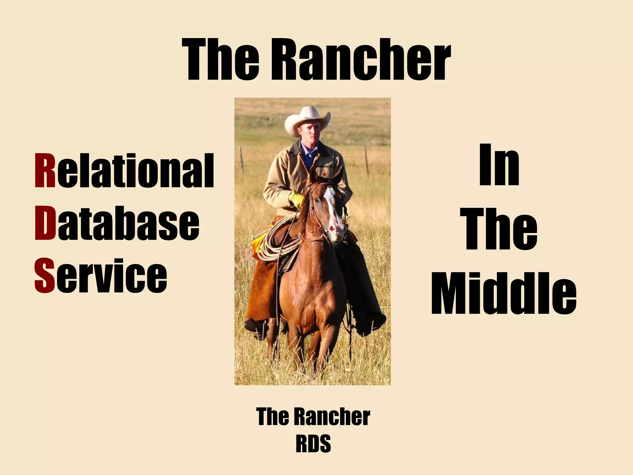The Rancher
The Rancher
RDS
Relational
Database
Service
In
The
Middle
 