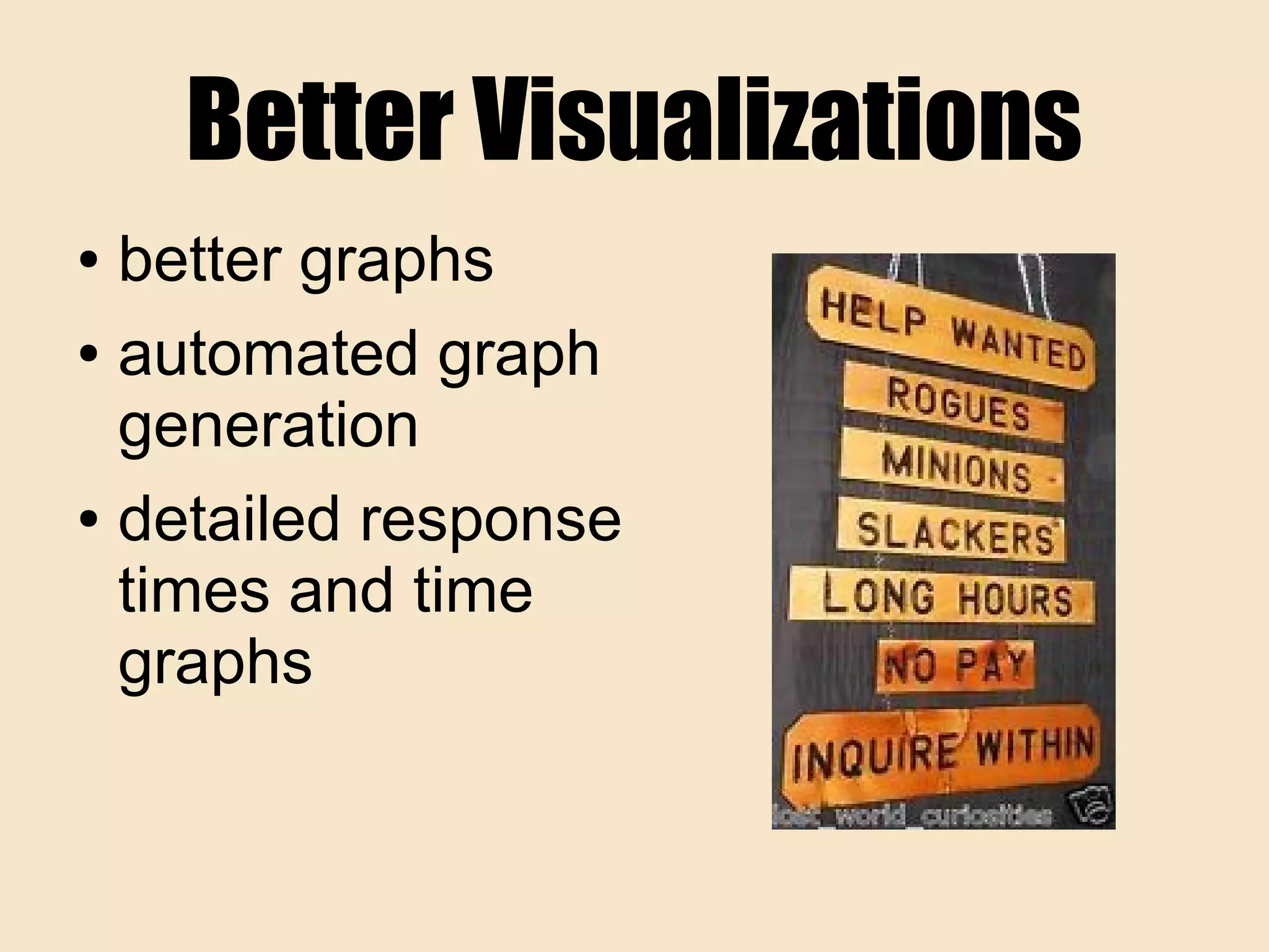 Better Visualizations
● better graphs
● automated graph
generation
● detailed response
times and time
graphs
 