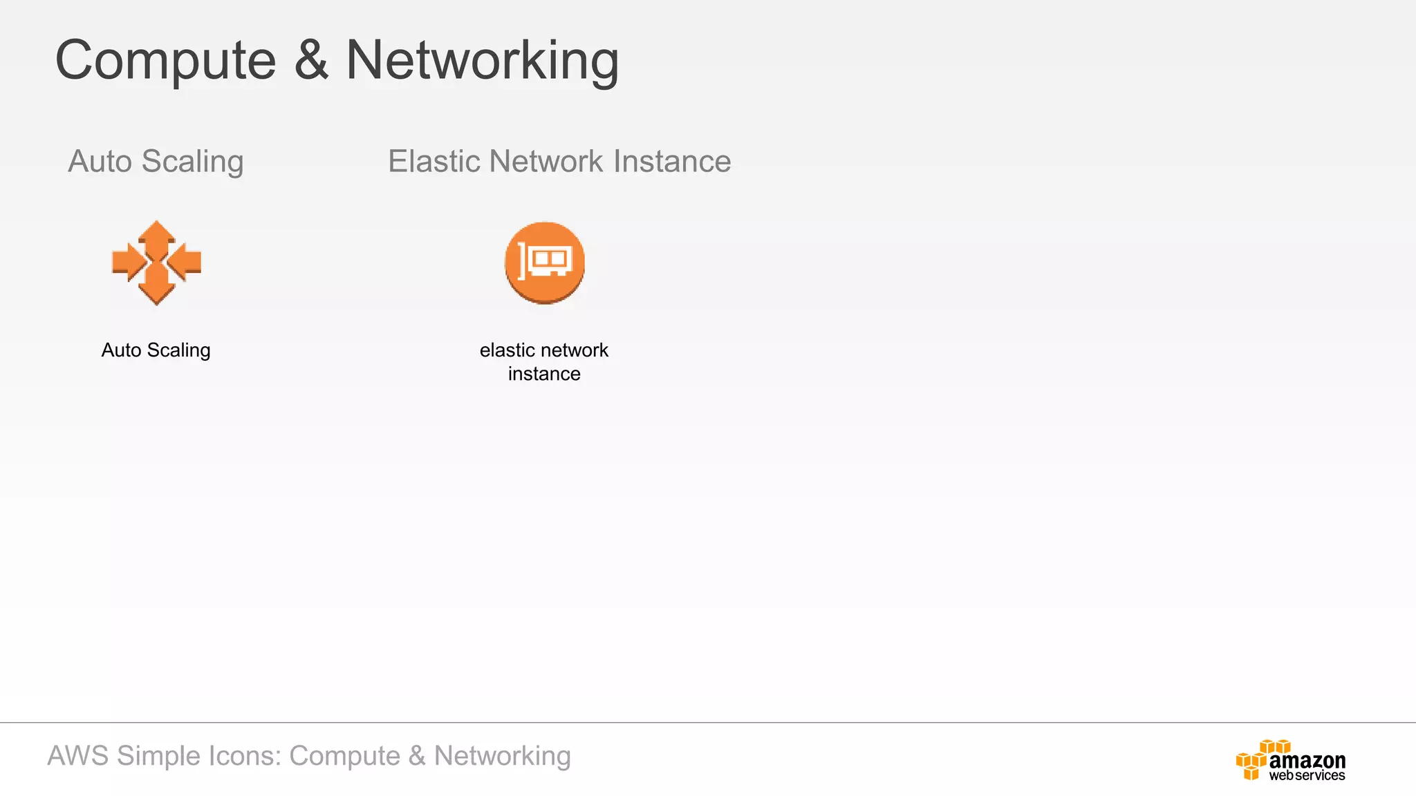 Compute & Networking
AWS Simple Icons: Compute & Networking
Auto Scaling Elastic Network Instance
Auto Scaling elastic network
instance
 