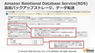 © Amazon Web Services, Inc. or its affiliates. All rights reserved.
Amazon Relational Database Service(RDS)
追加バックアップストレージ、データ転送
9. RDSでは確保したストレージと同じ容量のバックアップディスクが、
予めサービス利用料に含まれています。
ここでは、RDSのストレージ容量以上のデータ(変更差分)を保存し
たい場合に入力して下さい。
(例：月間変化率10%のデータを1年以上保管したい場合等)
10. EC2とは別にRDSから直接データが送受信され
たり、アベイラビリティゾーン越しにデータが
通信される場合に入力して下さい。(データ受信
は無料のため入力不要)
 