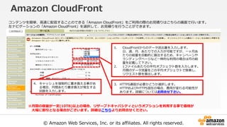 © Amazon Web Services, Inc. or its affiliates. All rights reserved.
Amazon CloudFront
1. CloudFrontからのデータ送出量を入力します。
日、週、月、あたりでの入力が可能ですが、一ヶ月あ
たりの総量を自動的に算出するため、キャンペーンや
ランディングページなど一時的な利用の場合は月の総
量を記載して下さい。
2. 1ファイルあたりの平均オブジェクト数を入力します。
月間のデータ流量をこの平均オブジェクトで除算し、
リクエスト数を算出します。
3. HTTPS通信が必要かどうか選択します。
HTTPおよびHTTPS混在の場合、費用が変わる可能性が
あります。詳細についてはお問合せ下さい。
4. キャッシュを強制的に書き換える事があ
る場合、月間あたり書き換えが発生する
回数を入力します。
コンテンツを簡単、高速に配信することのできる「Amazon CloudFront」をご利用の際のお見積りはこちらの画面で行います。
左ナビゲーションの「Amazon CloudFront」を選択して、お見積りを行うことができます。
※月間の容量が一定(10TB)以上の場合、リザーブドキャパシティというオプションを利用する事で価格が
大幅に割引となる場合がございます。詳細はこちらよりお問合せください。
 