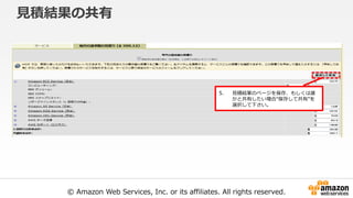© Amazon Web Services, Inc. or its affiliates. All rights reserved.
見積結果の共有
5. 見積結果のページを保存、もしくは誰
かと共有したい場合”保存して共有”を
選択して下さい。
 