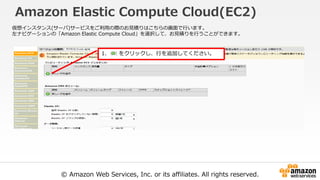 © Amazon Web Services, Inc. or its affiliates. All rights reserved.
Amazon Elastic Compute Cloud(EC2)
仮想インスタンス(サーバ)サービスをご利用の際のお見積りはこちらの画面で行います。
左ナビゲーションの「Amazon Elastic Compute Cloud」を選択して、お見積りを行うことができます。
1. をクリックし、行を追加してください。
 