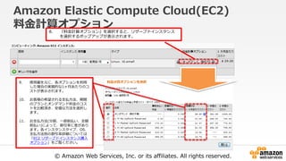 © Amazon Web Services, Inc. or its affiliates. All rights reserved.
Amazon Elastic Compute Cloud(EC2)
料金計算オプション8. 『料金計算オプション』を選択すると、リザーブドインスタンス
を選択するポップアップが表示されます。
9. 使用量を元に、各オプションを利用
した場合の実質的な1ヶ月あたりのコ
ストが表示されます。
10. お客様の希望される支払方法、期間
のプランとオンデマンド料金のコス
トを比較頂き、安価な方法を選択し
ます。
11. お支払方法(分割、一部前払い、全額
前払い)によって、割引率に差があり
ます。各インスタンスタイプ、OS、
支払方法別の割引率詳細については
「EC2 リザーブドインスタンス購入
オプション」をご覧ください。
 