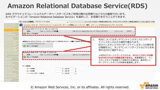 © Amazon Web Services, Inc. or its affiliates. All rights reserved.
Amazon Relational Database Service(RDS)
AWS クラウド上でリレーシ...
