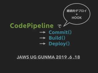 CodePipeline
Commit()
Build()
Deploy()
継続的デプロイ
＋
HOOK
で
JAWS UG GUNMA 2019 .6 .18
 