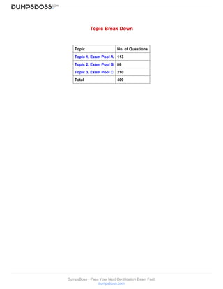 DumpsBoss - Pass Your Next Certification Exam Fast!
dumpsboss.com
Topic Break Down
Topic No. of Questions
Topic 1, Exam Pool A 113
Topic 2, Exam Pool B 86
Topic 3, Exam Pool C 210
Total 409
 