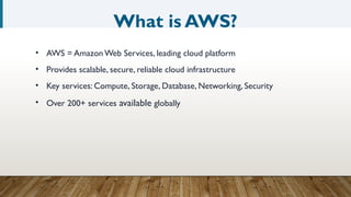 What is AWS?
• AWS = AmazonWeb Services, leading cloud platform
• Provides scalable, secure, reliable cloud infrastructure
• Key services: Compute, Storage, Database, Networking, Security
• Over 200+ services available globally
 