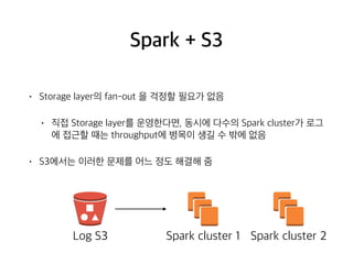 Spark + S3
• Storage layer의 fan-out 을 걱정할 필요가 없음
• 직접 Storage layer를 운영한다면, 동시에 다수의 Spark cluster가 로그
에 접근할 때는 throughput에 병목이 생길 수 밖에 없음
• S3에서는 이러한 문제를 어느 정도 해결해 줌
Spark cluster 1 Spark cluster 2Log S3
 