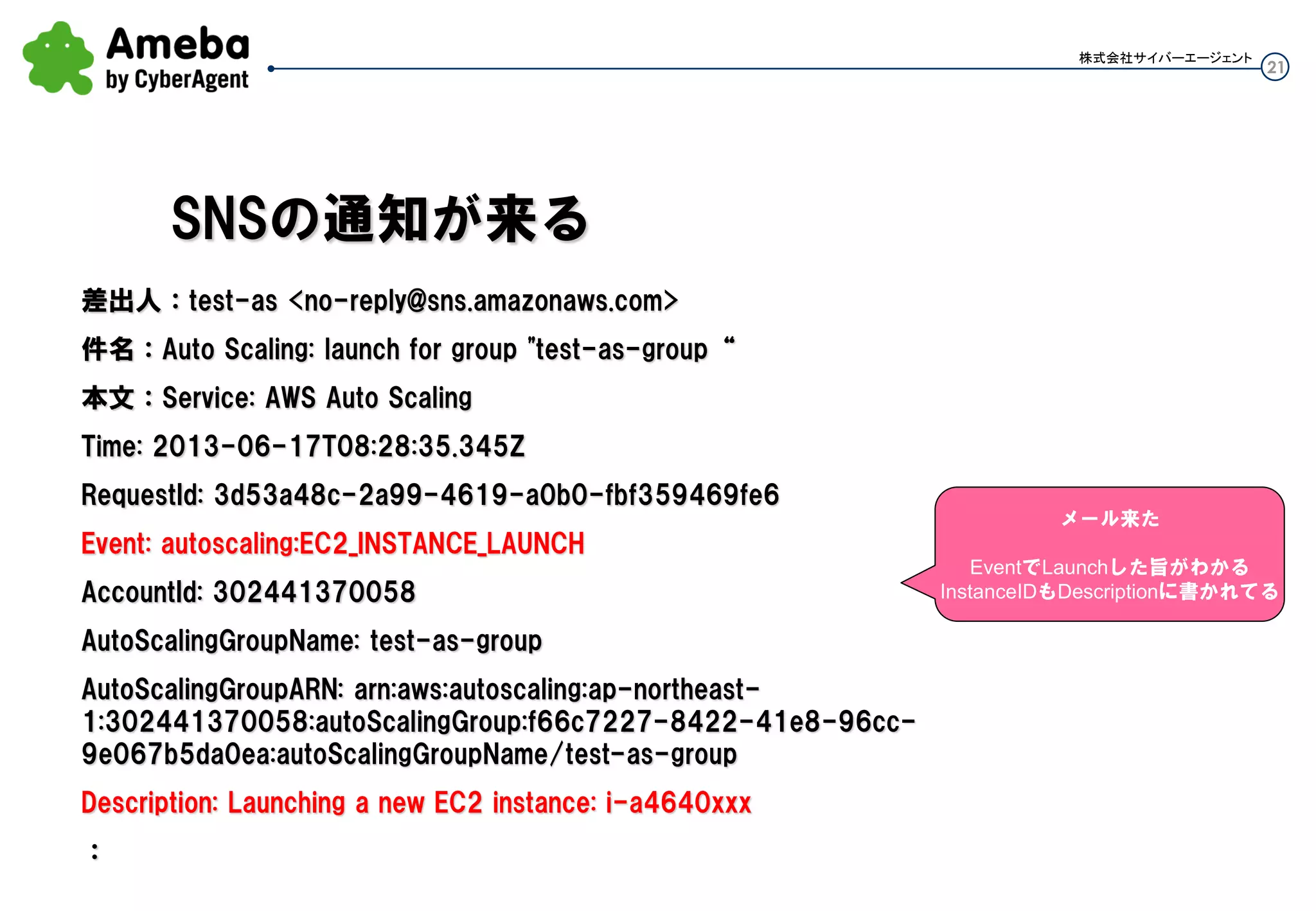 21
株式会社サイバーエージェント
差出人：test-as <no-reply@sns.amazonaws.com>
件名：Auto Scaling: launch for group "test-as-group“
本文：Service: AWS Auto Scaling
Time: 2013-06-17T08:28:35.345Z
RequestId: 3d53a48c-2a99-4619-a0b0-fbf359469fe6
Event: autoscaling:EC2_INSTANCE_LAUNCH
AccountId: 302441370058
AutoScalingGroupName: test-as-group
AutoScalingGroupARN: arn:aws:autoscaling:ap-northeast-
1:302441370058:autoScalingGroup:f66c7227-8422-41e8-96cc-
9e067b5da0ea:autoScalingGroupName/test-as-group
Description: Launching a new EC2 instance: i-a4640xxx
：
SNSの通知が来る
メール来た
EventでLaunchした旨がわかる
InstanceIDもDescriptionに書かれてる
 