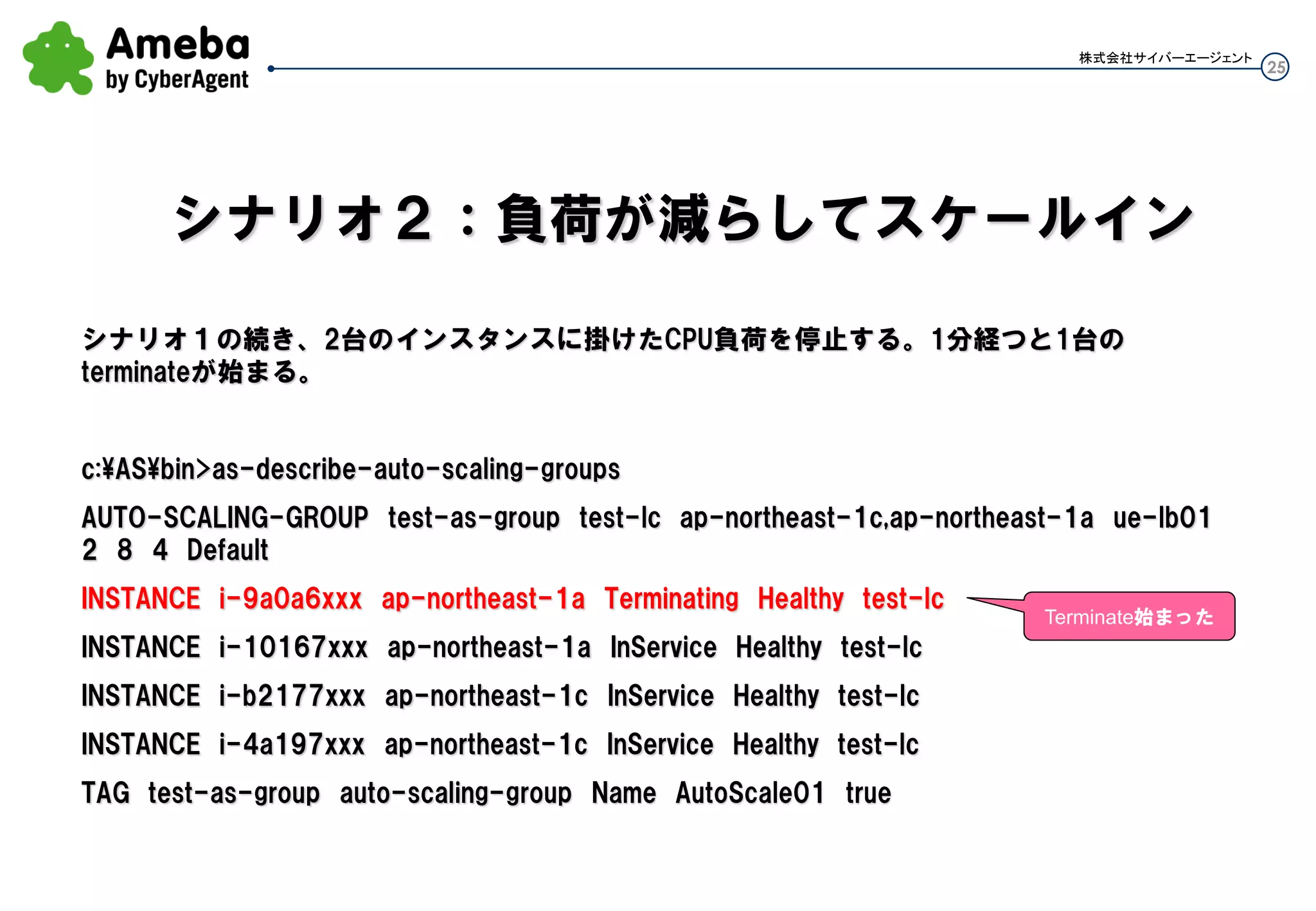 25
株式会社サイバーエージェント
シナリオ１の続き、2台のインスタンスに掛けたCPU負荷を停止する。しばらく経つと1台のterminateが
始まる。
c:ASbin>as-describe-auto-scaling-groups
AUTO-SCALING-GROUP test-as-group test-lc ap-northeast-1c,ap-northeast-1a ue-lb01 2 8
4 Default
INSTANCE i-9a0a6xxx ap-northeast-1a Terminating Healthy test-lc
INSTANCE i-10167xxx ap-northeast-1a InService Healthy test-lc
INSTANCE i-b2177xxx ap-northeast-1c InService Healthy test-lc
INSTANCE i-4a197xxx ap-northeast-1c InService Healthy test-lc
TAG test-as-group auto-scaling-group Name AutoScale01 true
シナリオ２：負荷が減らしてスケールイン
Terminate始まった
 