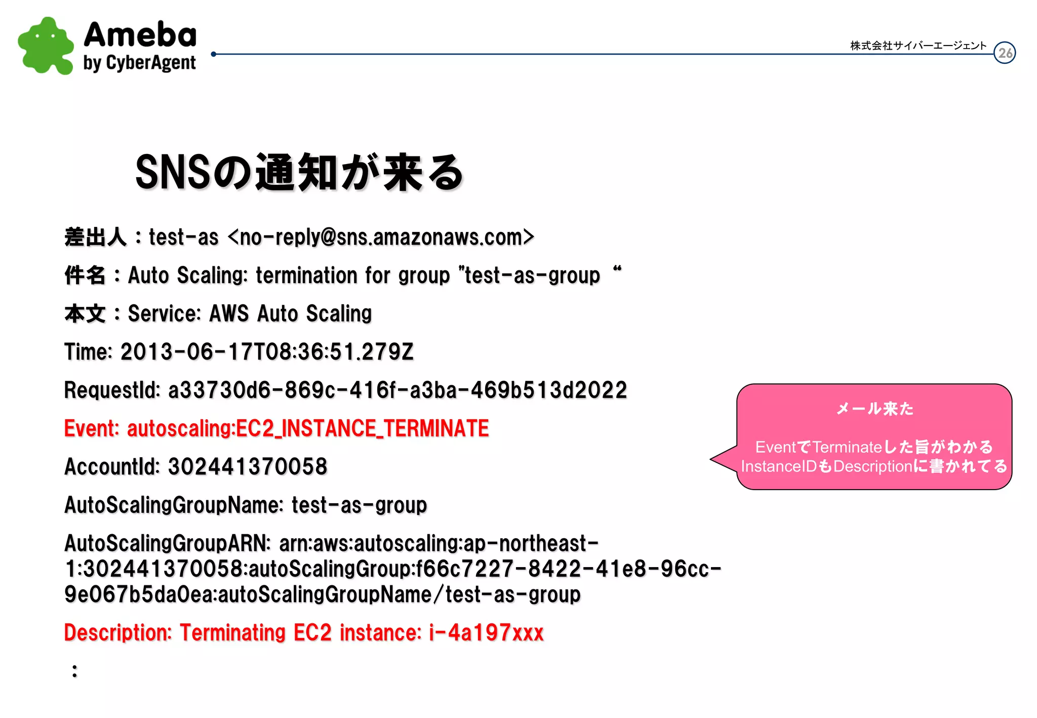 26
株式会社サイバーエージェント
差出人：test-as <no-reply@sns.amazonaws.com>
件名：Auto Scaling: termination for group "test-as-group“
本文：Service: AWS Auto Scaling
Time: 2013-06-17T08:36:51.279Z
RequestId: a33730d6-869c-416f-a3ba-469b513d2022
Event: autoscaling:EC2_INSTANCE_TERMINATE
AccountId: 302441370058
AutoScalingGroupName: test-as-group
AutoScalingGroupARN: arn:aws:autoscaling:ap-northeast-
1:302441370058:autoScalingGroup:f66c7227-8422-41e8-96cc-
9e067b5da0ea:autoScalingGroupName/test-as-group
Description: Terminating EC2 instance: i-4a197xxx
：
SNSの通知が来る
メール来た
EventでTerminateした旨がわかる
InstanceIDもDescriptionに書かれてる
 