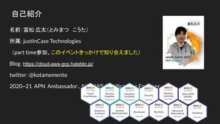 自己紹介
名前：富松 広太（とみまつ　こうた）
所属：justInCase Technologies
（part time参加、このイベントきっかけで知り合えました）
Blog：https://cloud-aws-gcp.hateblo.jp/...
