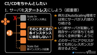 #awsstartup
CI/CDをちゃんとしたい
1. サーバをステートレスにしよう（超重要）
☓
Scale Out
新インスタンス起動
Scale In
インスタンス停止
そのときどきの
各インスタンス
に依存しない！
例えばAutoScaling環境で
は常にサーバが入れ替わ
り続ける
いつ新サーバが起動して
既存サーバが落ちても関
係なく全体が動くように
どのサーバにアクセスが
来ても同じレスポンスが
返せるように
 